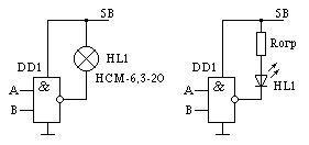 Схема подключения ламп накаливания и светодиодов к логическим элементам с открытым коллектором